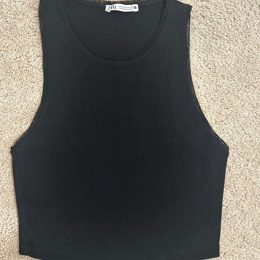 Zara Black Crop Top w/ Mesh Trim - M
